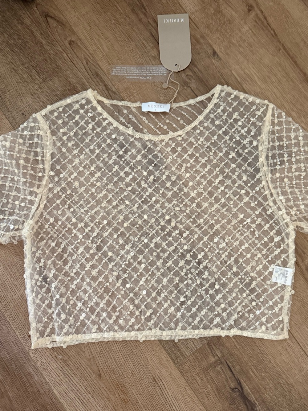 Meshki Cream pearl & sequin mesh crop top